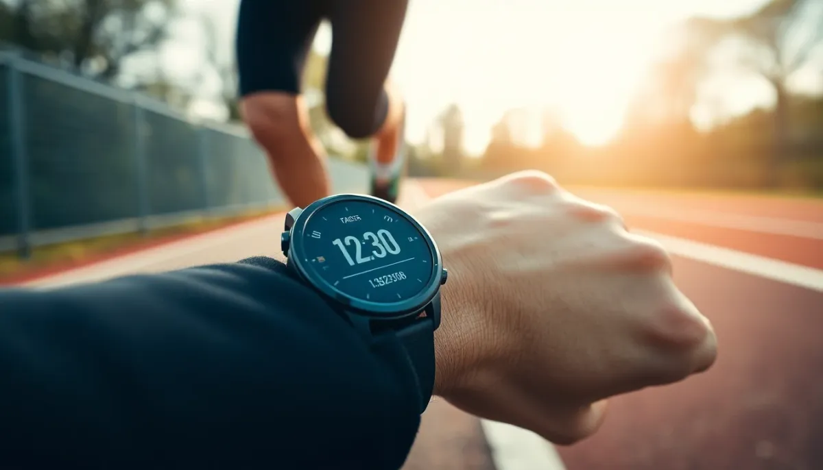 Gros plan sur une montre GPS au poignet d'un coureur affichant l'allure en min/km pendant une course