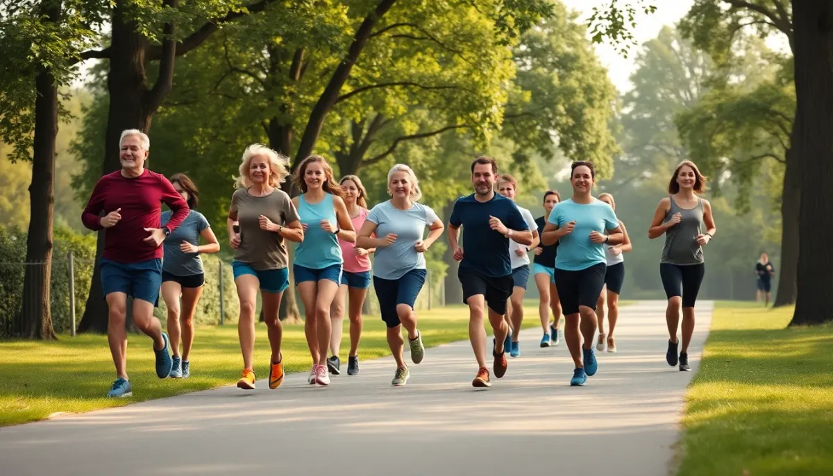 Groupe de coureurs de différents niveaux et âges courant ensemble dans un parc, illustrant les allures selon le profil du coureur