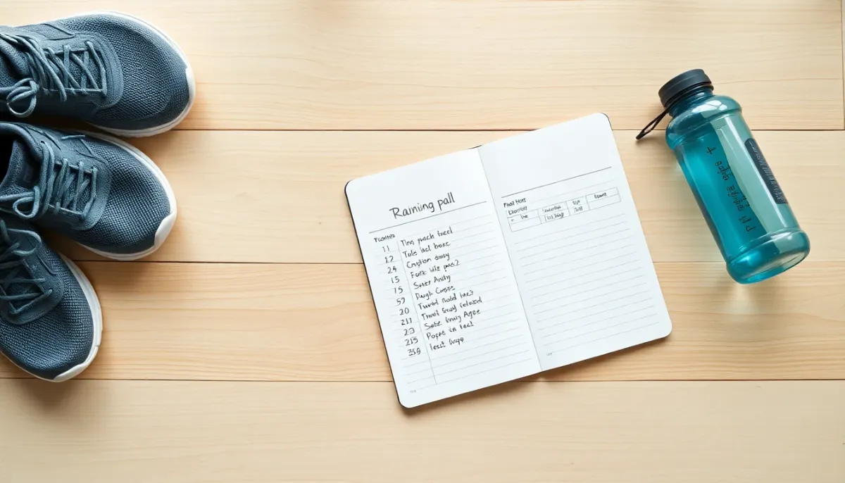 Plan d'entraînement course à pied posé sur une table avec des chaussures de running, symbolisant la progression grâce au calcul d'allure
