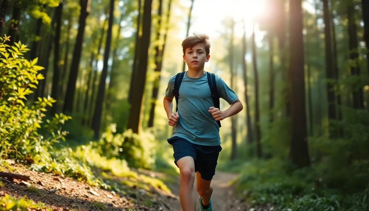 Jeune coureur de trail en catégorie Cadet sur un sentier forestier, illustrant les catégories jeunes en trail
