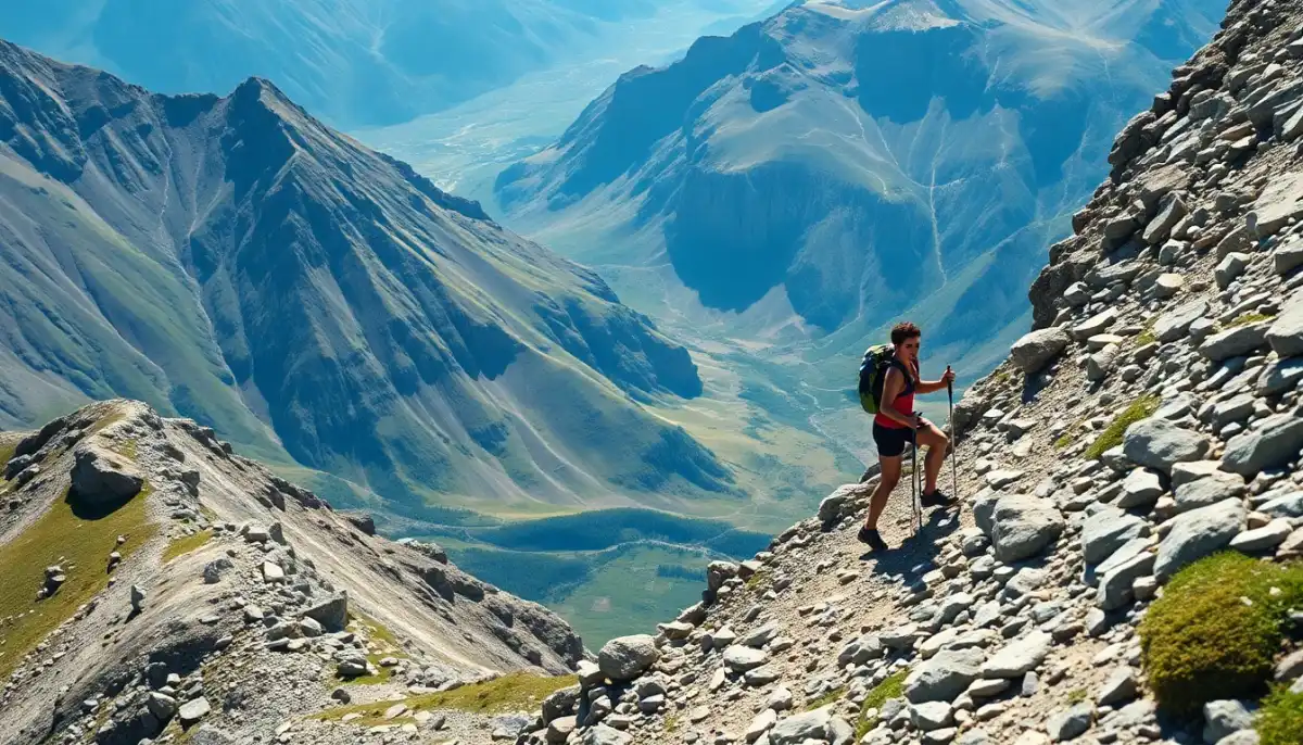 Coureur de trail gravissant une pente raide en montagne, illustrant la règle du dénivelé positif en trail