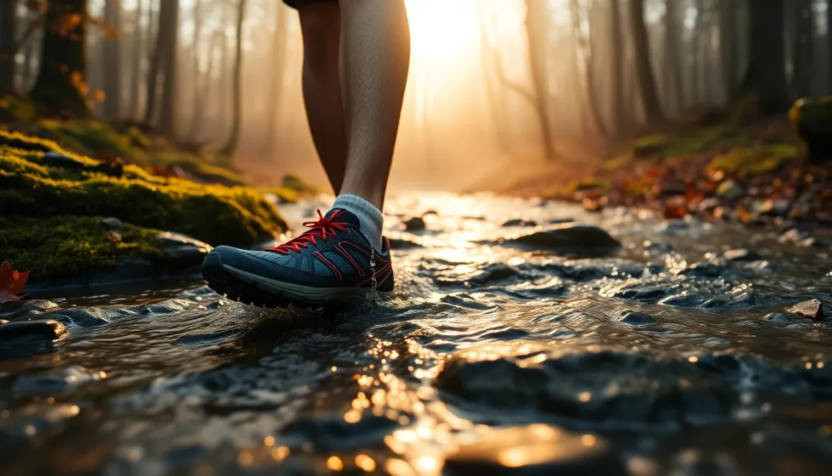 Coureur de trail traversant un ruisseau en chaussures imperméables lors d'une sortie matinale en forêt