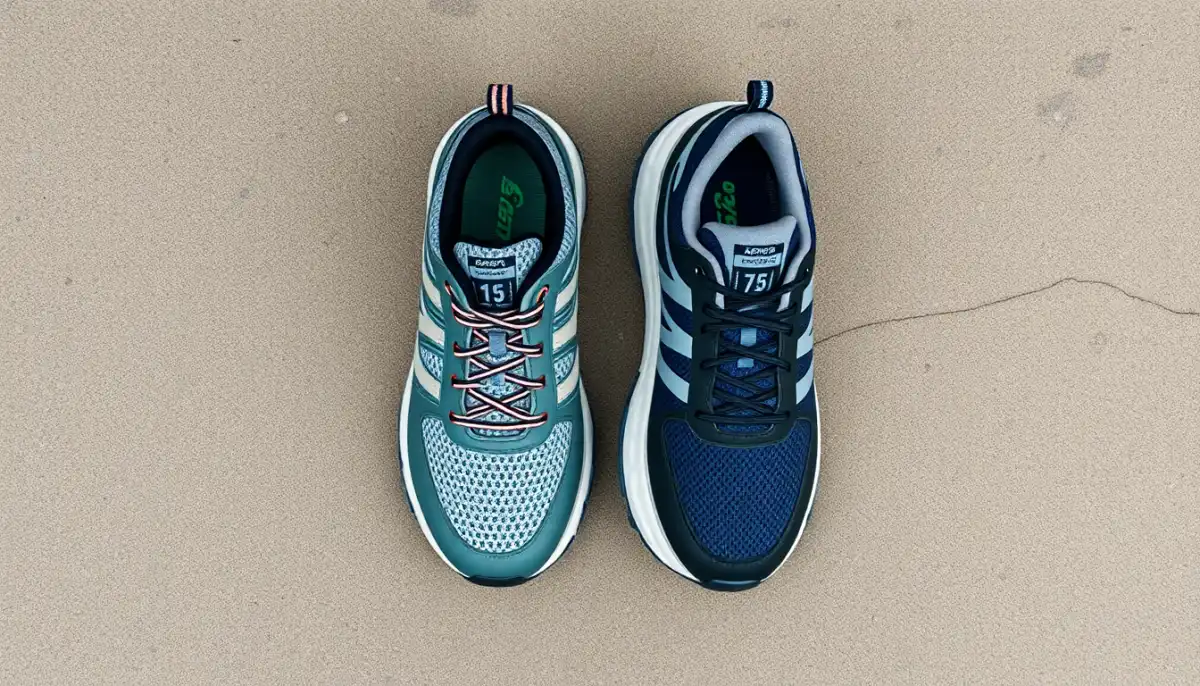 Comparaison de deux paires de chaussures de trail, mesh ouvert et membrane imperméable, vues de dessus
