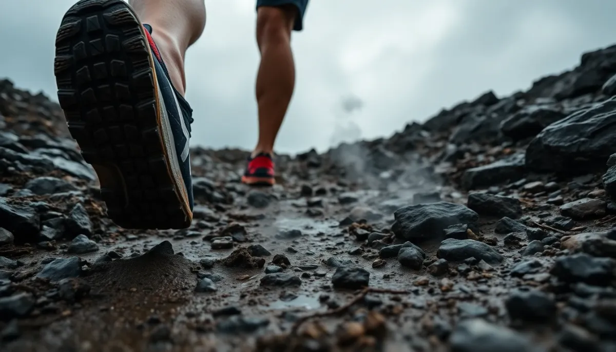 Chaussures de trail sur terrain rocheux et boueux en conditions hivernales froides et nuageuses