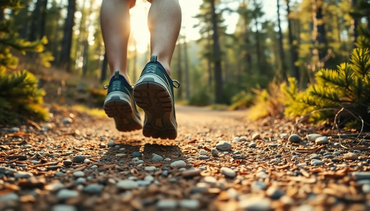 Chaussures de trail en action sur un sentier estival boisé, illustrant la légèreté et le dynamisme de ce type de chaussure