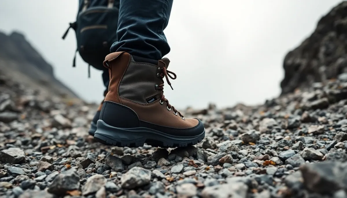 Chaussures de randonnée à tige haute sur un terrain pierreux et technique en montagne avec sac à dos chargé
