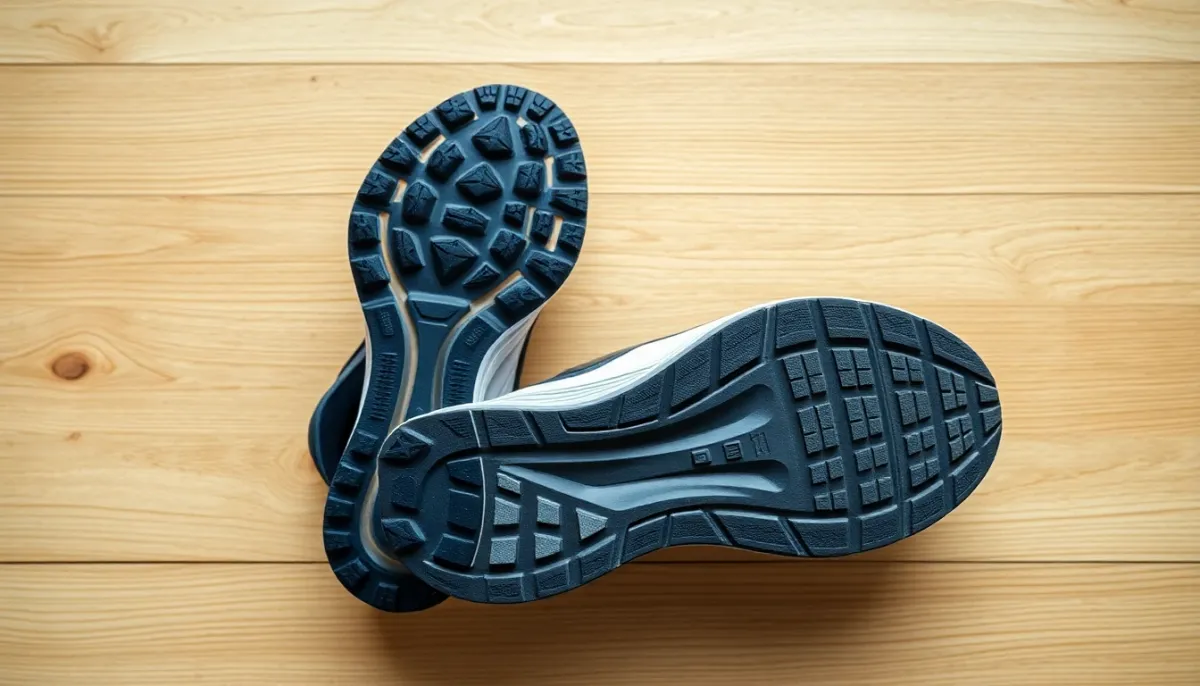 Vue de dessus des semelles extérieures d'une chaussure de trail et d'une chaussure de running, montrant la différence entre crampons et semelle plate