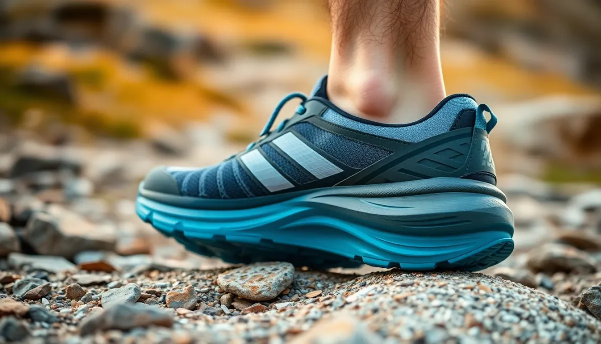 Profil latéral d'une chaussure de trail illustrant le stack et le drop talon-avant-pied