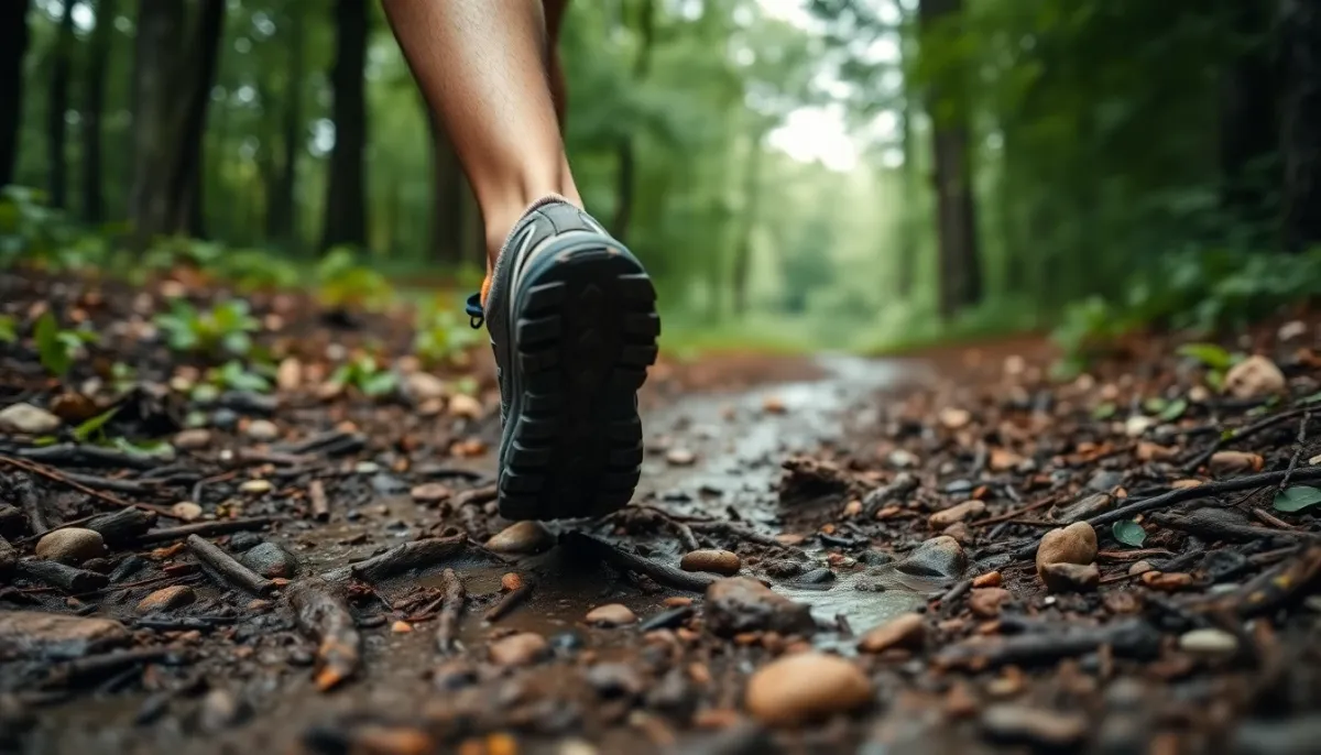 Chaussures de trail en action sur un sentier boueux en forêt, illustrant l'accroche des crampons sur terrain accidenté