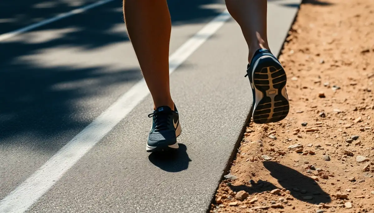 Transition entre asphalte et sentier naturel illustrant le choix entre chaussures de running et de trail selon le terrain