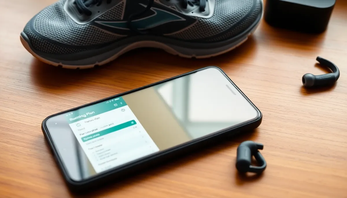 Smartphone affichant une application de coaching running posé à côté de chaussures de sport sur un bureau en bois