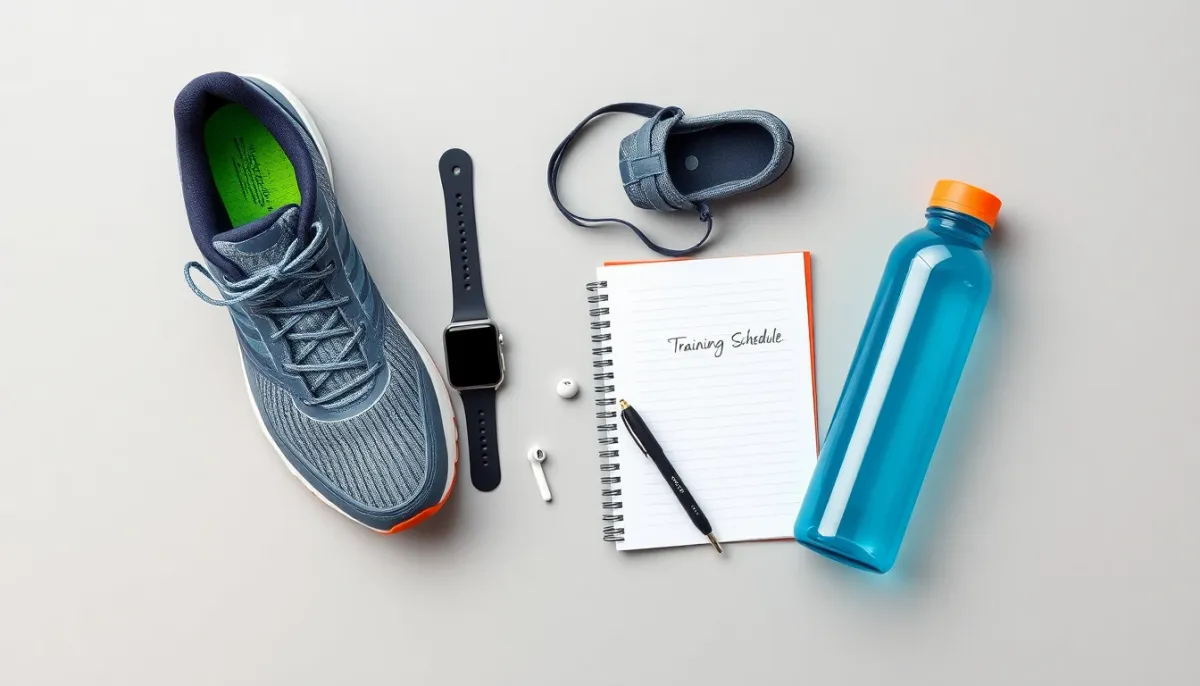 Vue de dessus d'un équipement de running complet incluant chaussures, montre connectée et accessoires d'entraînement