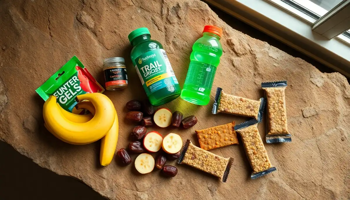 Assortiment de sources de glucides pour le trail : gels énergétiques, dattes, banane et barres disposés sur une pierre
