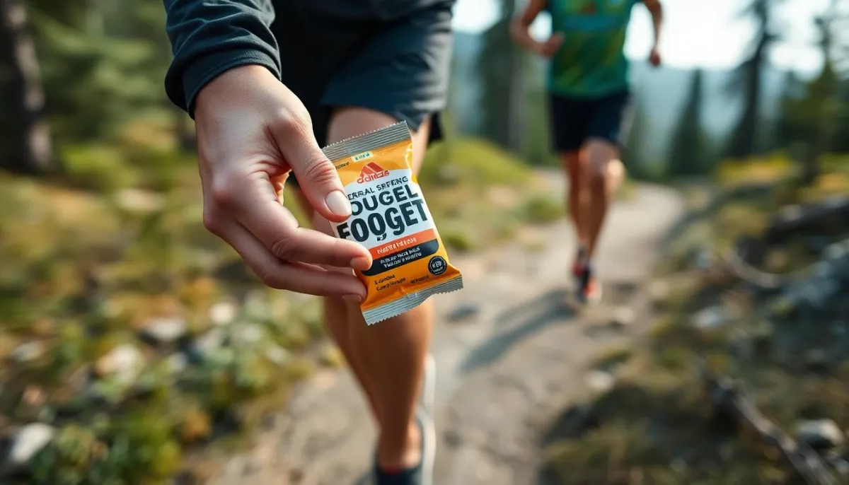 Coureur de trail consommant un gel énergétique en plein effort sur sentier de montagne