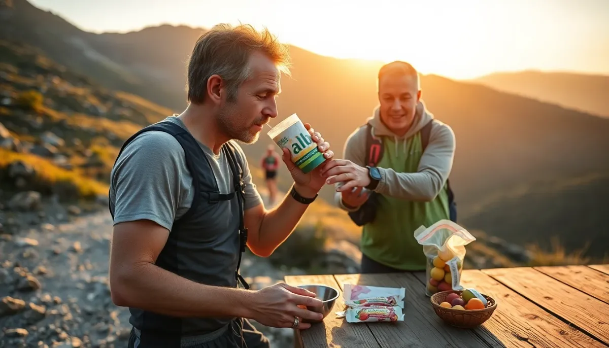 Coureur de trail faisant le plein de glucides à un ravitaillement lors d'un ultra-trail