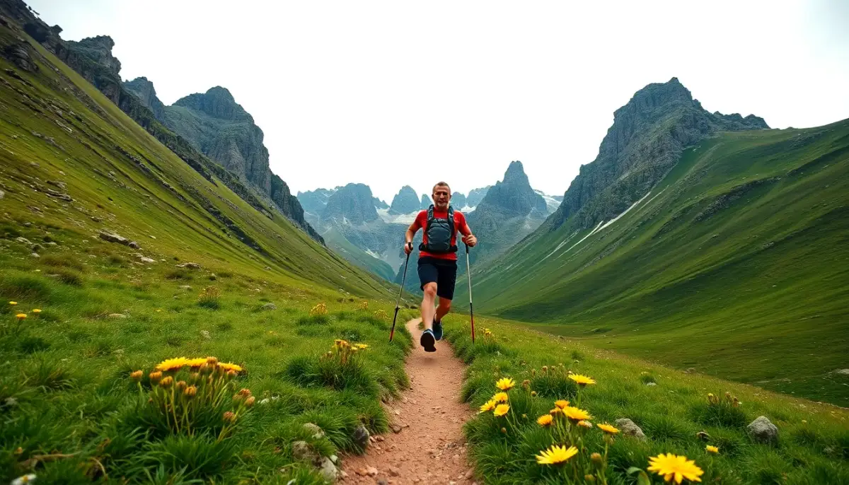 Coureur de trail descendant un sentier alpin escarpé avec équipement de course en montagne lors d'une épreuve UTMB