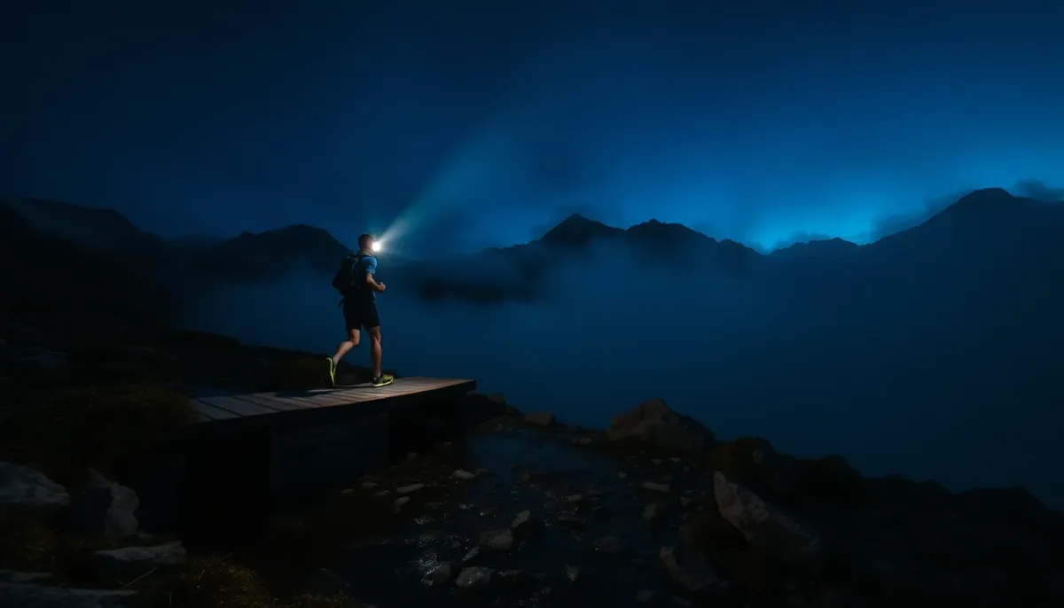 Coureur de l'UTMB traversant un pont de montagne de nuit avec frontale lors de la course reine de 174 km autour du Mont-Blanc