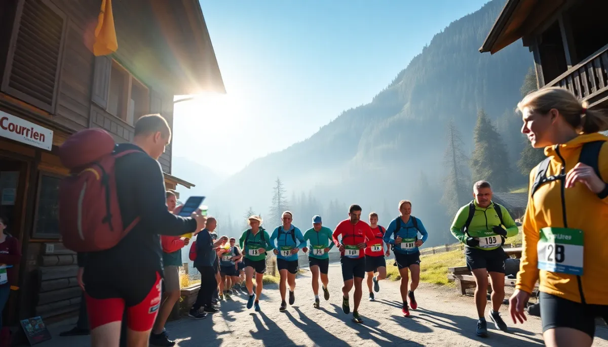Coureurs arrivant à un ravitaillement de montagne près de Courmayeur lors des courses CCC et TDS de l'UTMB 2026