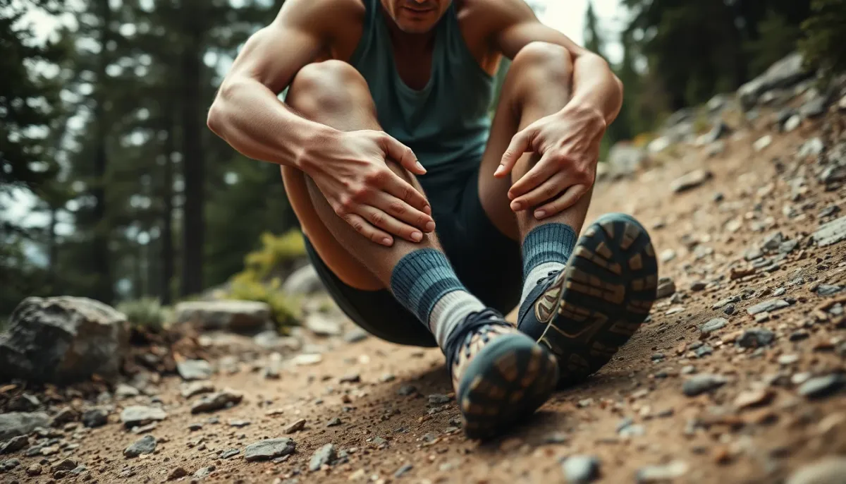 Coureur de trail assis sur un sentier montagneux tenant son genou, illustrant le risque de blessure lié à une surcharge d'entraînement