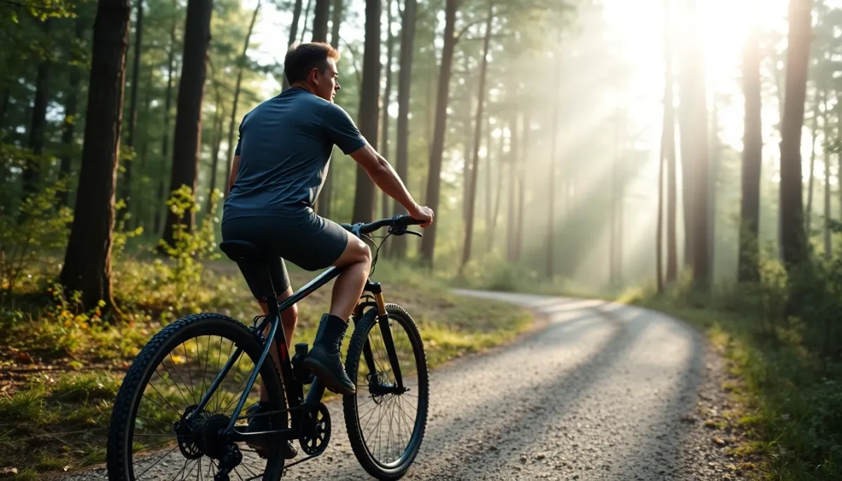 Coureur de trail en récupération active à vélo sur un chemin forestier calme après une compétition