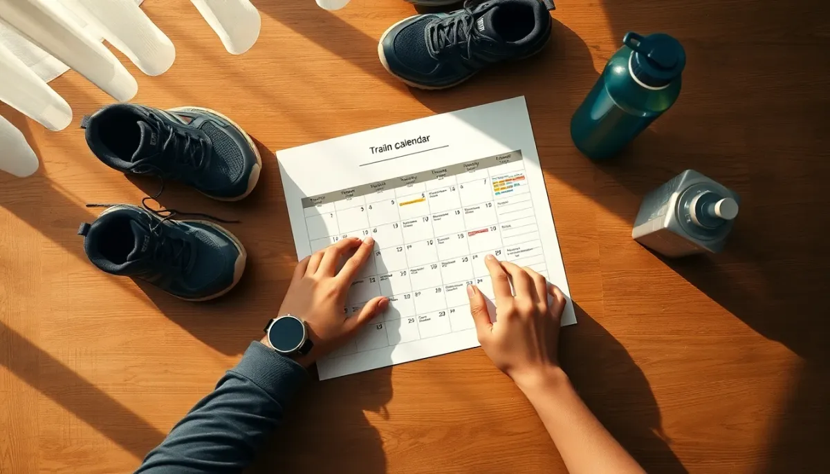 Planification d'un calendrier annuel de trails sur une table en bois avec montre GPS et matériel de course
