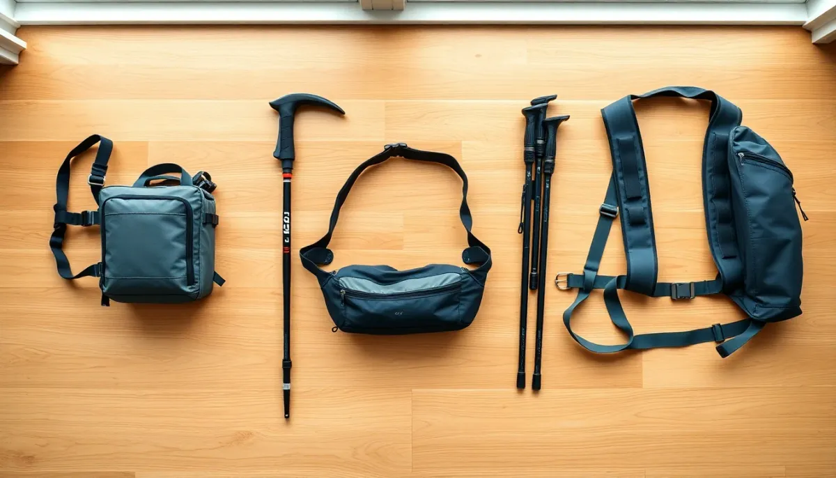 Vue de dessus des trois systèmes de portage de bâtons de trail : carquois externe, ceinture porte-bâtons et fixation intégrée au sac