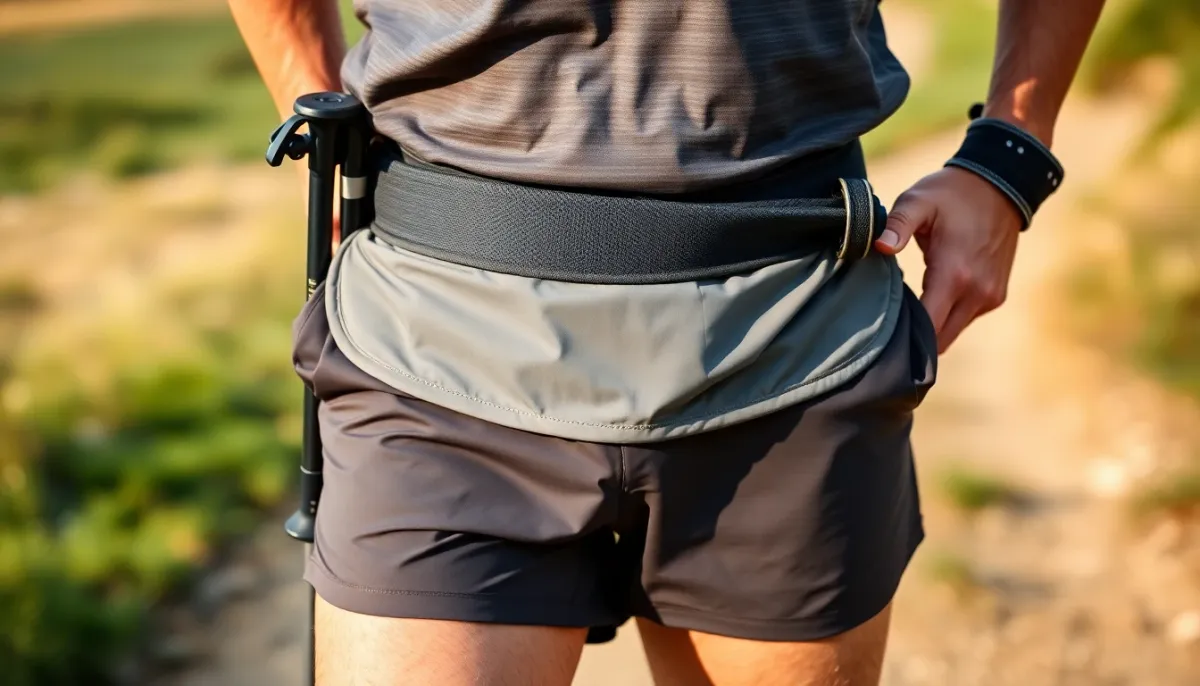 Ceinture porte-bâtons de trail portée à la taille d'un coureur avec bâtons pliables rangés à l'horizontale
