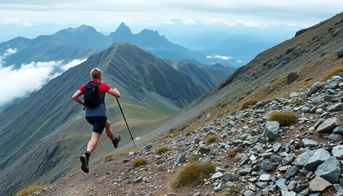 Coureur de trail en plein effort dans une montée alpine, utilisant ses bâtons de trail pour progresser sur terrain difficile