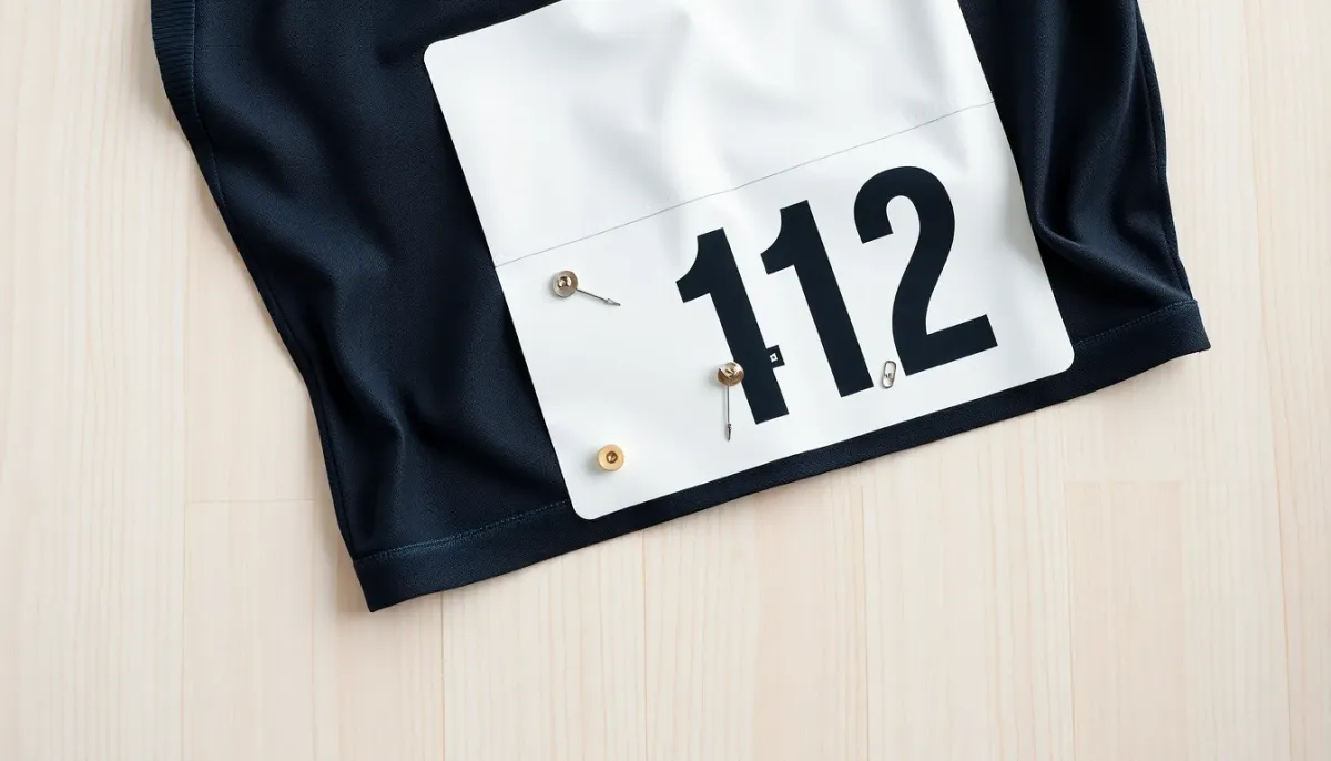 Quatre épingles à nourrice disposées aux coins d'un dossard de course à pied prêt à être épinglé sur un t-shirt technique