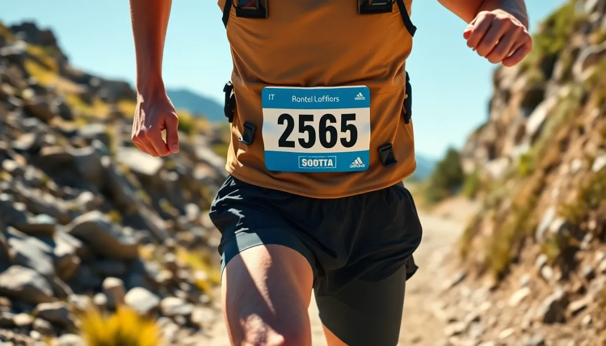 Dossard de trail bien visible et correctement fixé sur la poitrine d'un coureur en plein effort sur sentier de montagne
