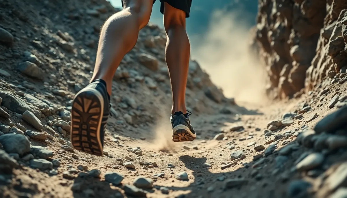 Gros plan sur les jambes d'un traileur en descente montrant l'engagement musculaire des quadriceps sur terrain rocheux