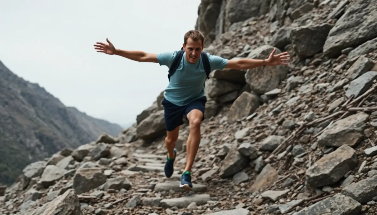 Coureur de trail en descente technique avec les bras écartés pour l'équilibre et une cadence de foulée élevée