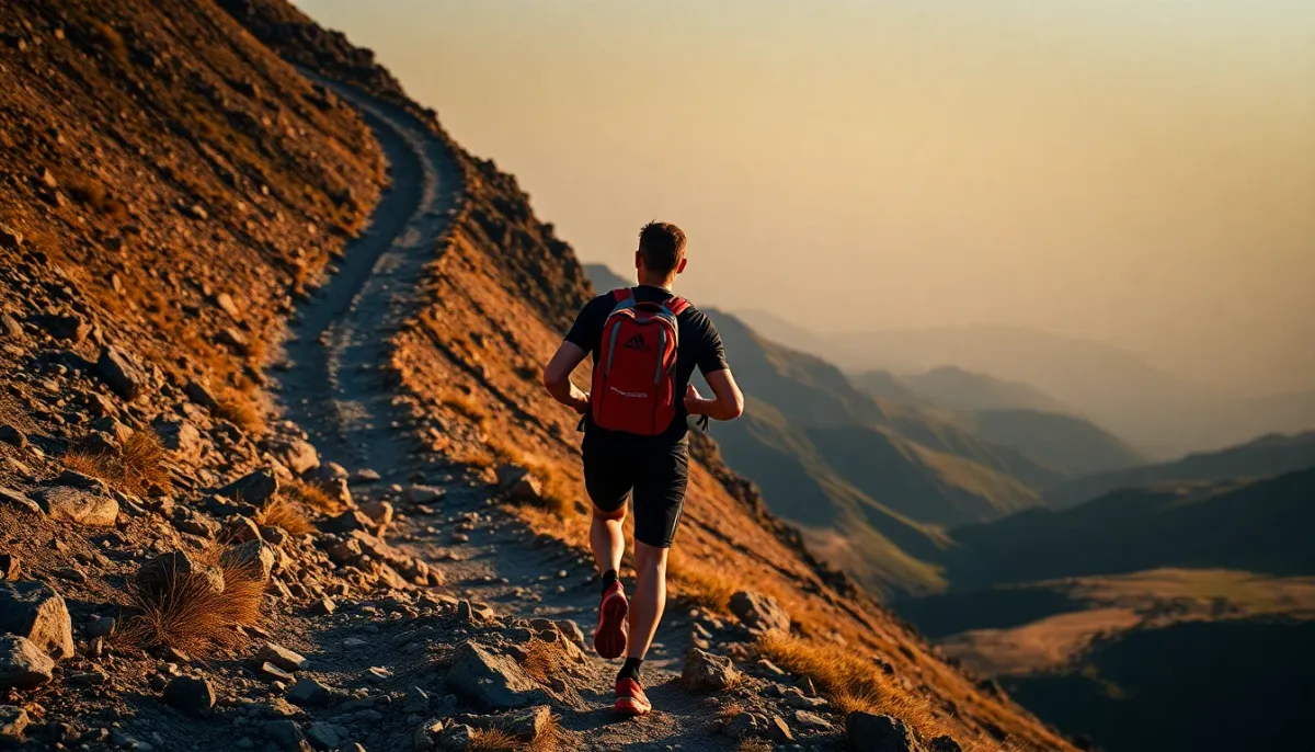 Traileur analysant le terrain en aval d'une descente technique pour anticiper sa trajectoire et ses appuis