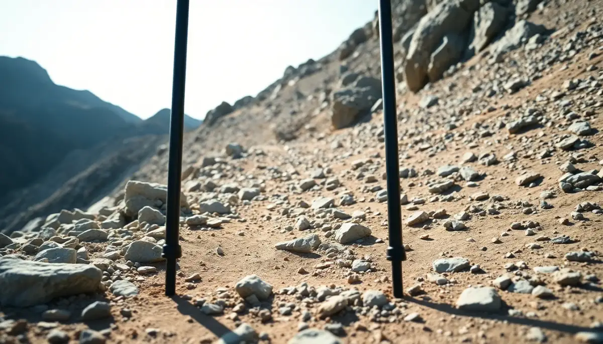 Bâtons de trail plantés sur un sentier rocailleux en montagne illustrant le seuil de dénivelé à partir duquel leur utilisation est recommandée