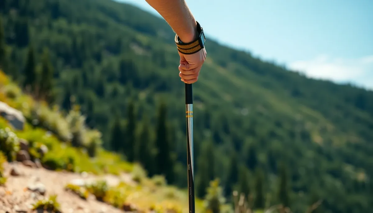 Coureur de trail utilisant la technique alternée avec ses bâtons en montée sur une pente soutenue en forêt