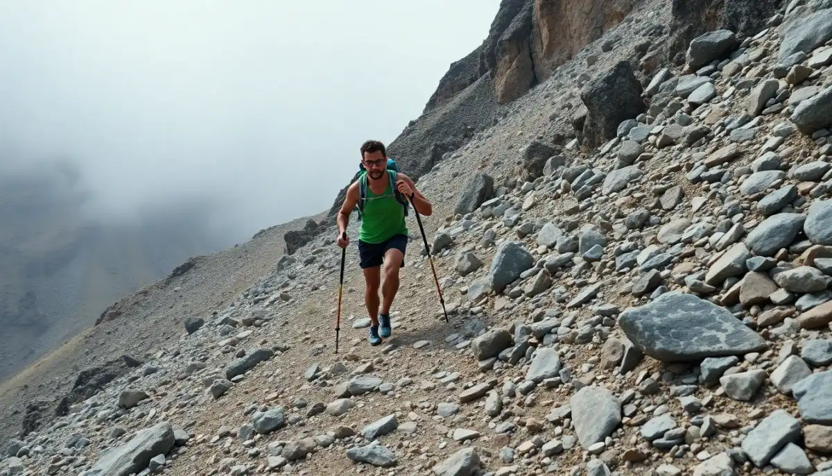 Coureur de trail en descente sur terrain rocheux utilisant ses bâtons pour stabiliser et amortir les chocs sur une pente raide