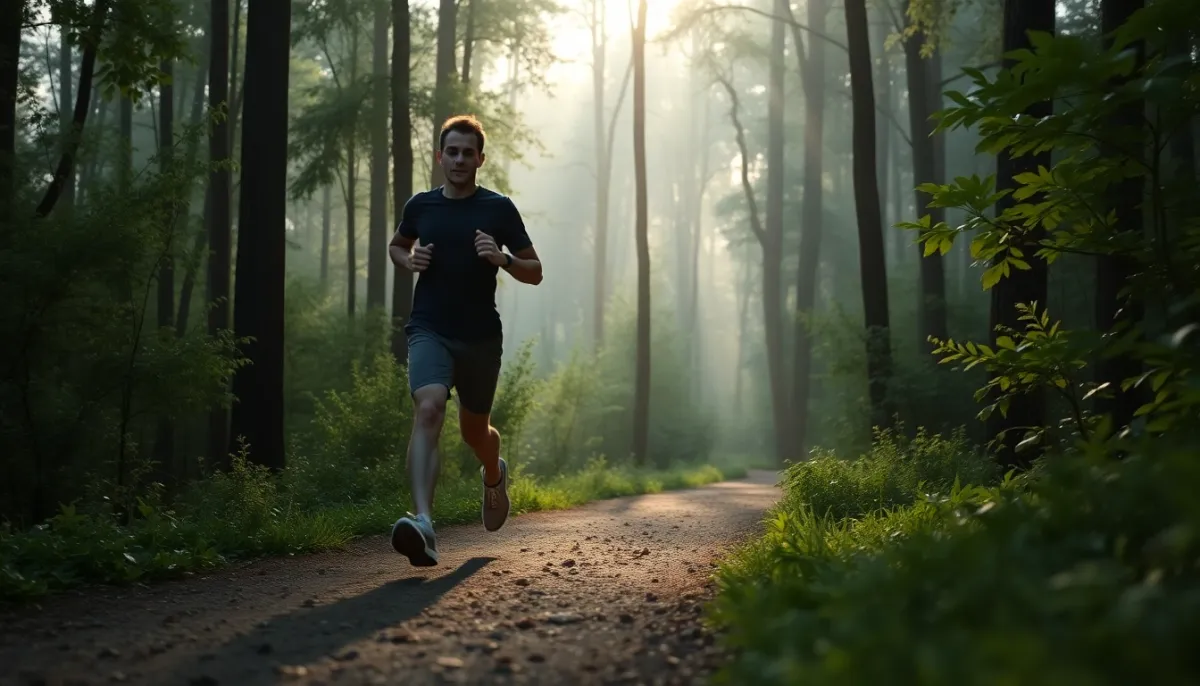 Coureur en endurance fondamentale sur un sentier forestier, allure tranquille et régulière
