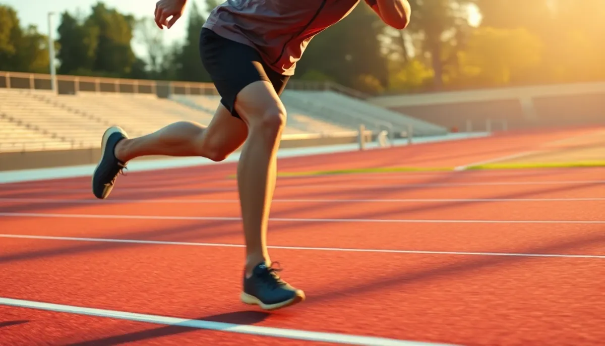Coureur réalisant une séance de fractionné sur une piste d'athlétisme, effort intense et allure rapide