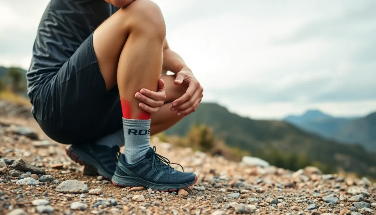 Coureur de trail tenant son mollet crampe assis sur un sentier de montagne lors d'une course