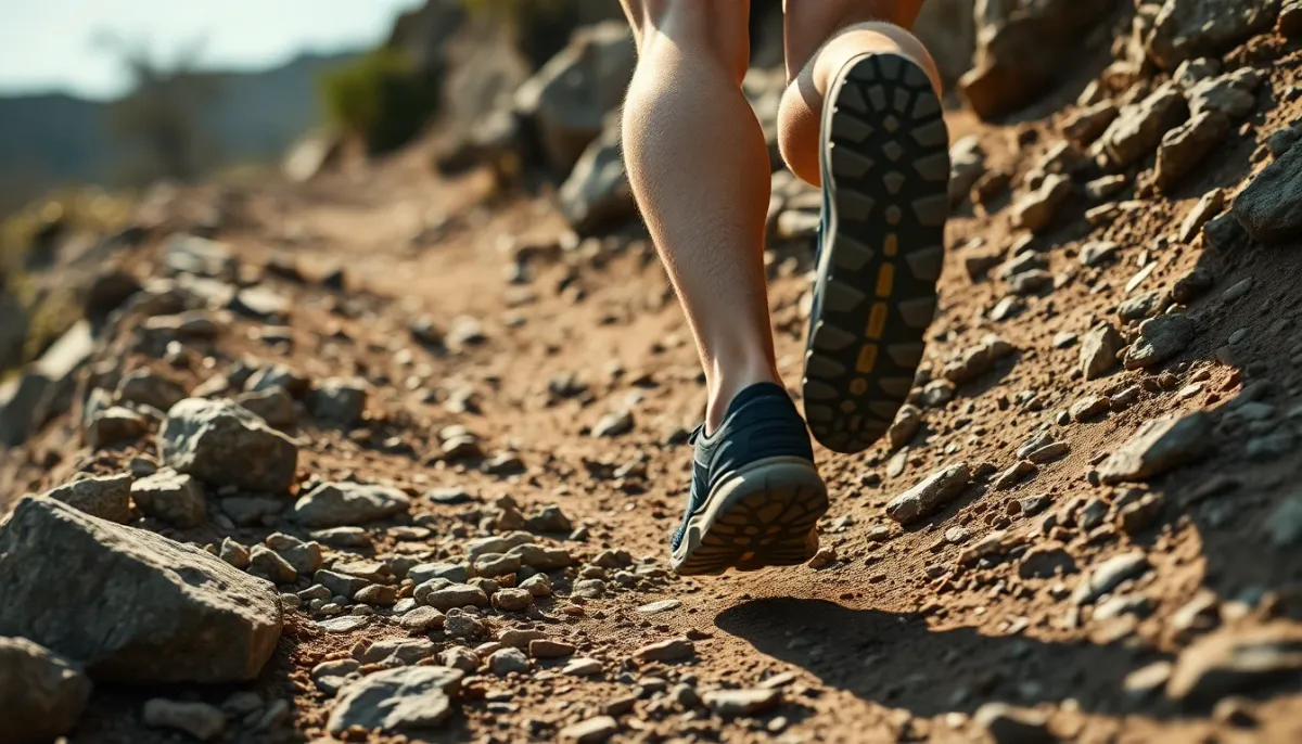 Gros plan sur les jambes d'un coureur de trail en descente technique, muscles des quadriceps et mollets sous tension
