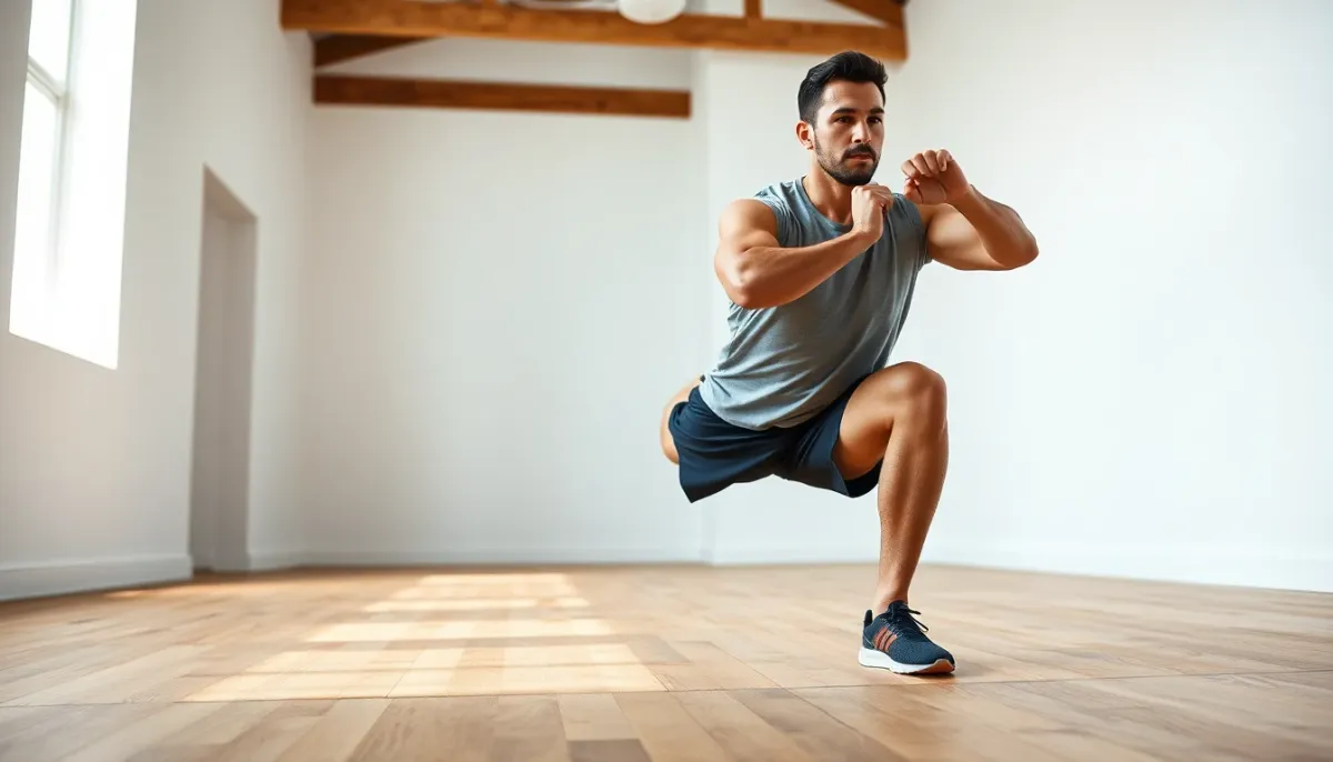 Coureur de trail effectuant des squats unilatéraux lors d'une séance de renforcement musculaire en salle