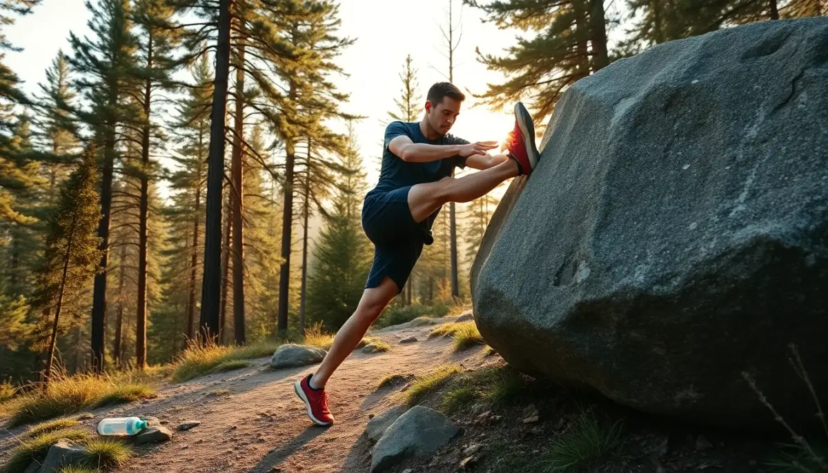 Coureur de trail s'étirant le mollet contre un rocher sur un sentier forestier lors d'une pause récupération