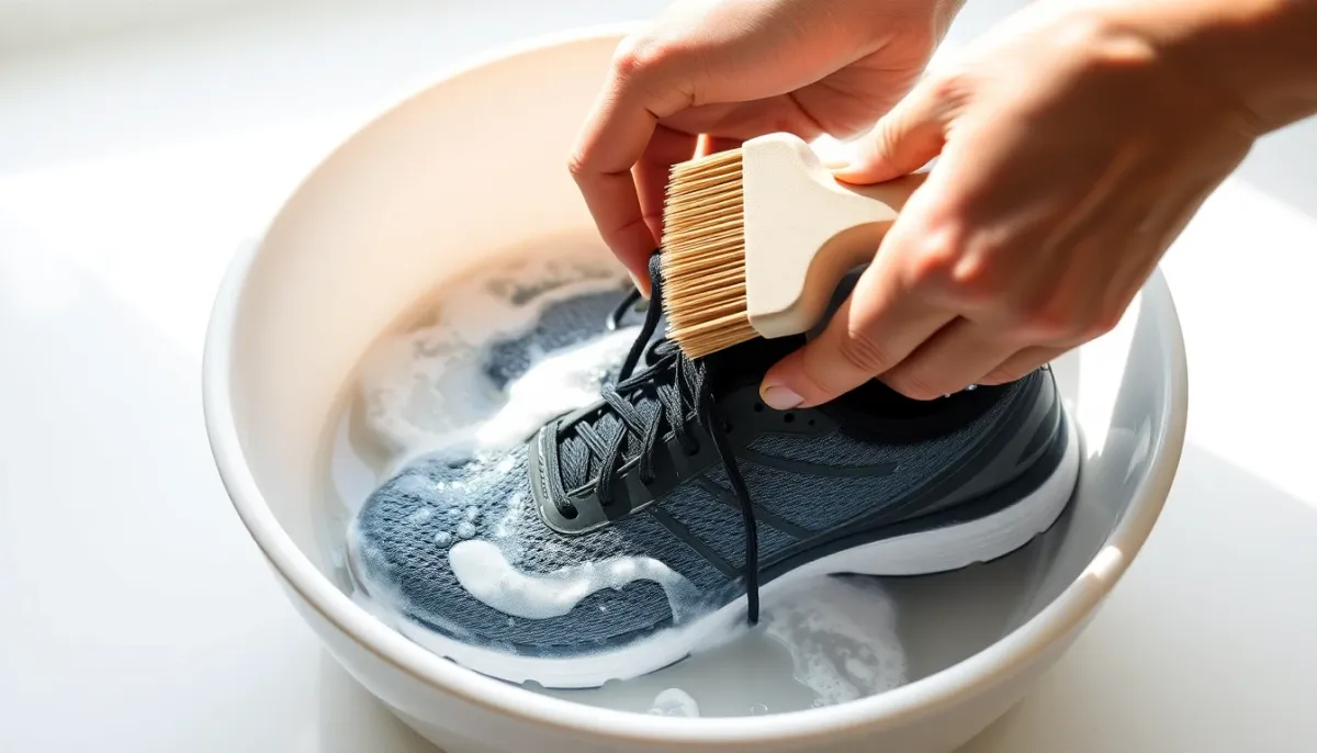 Lavage à la main de chaussures de trail dans une bassine d'eau savonneuse avec une brosse souple