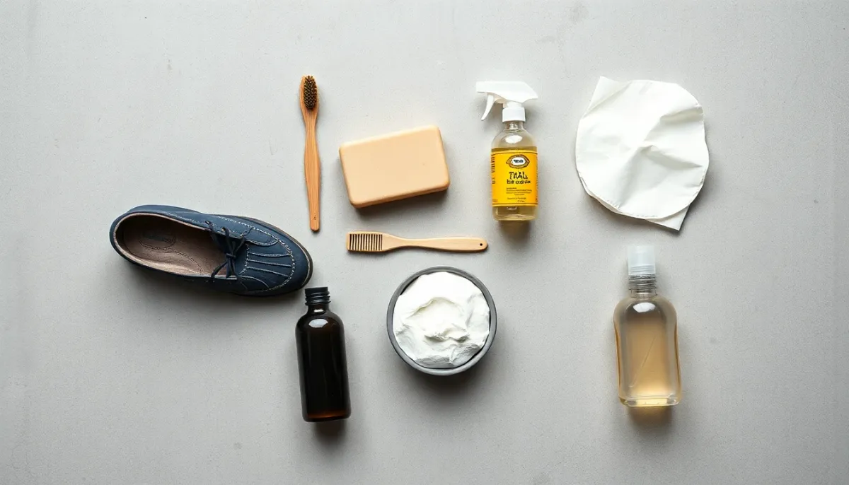 Matériel nécessaire pour nettoyer des chaussures de trail : brosses, savon de Marseille, bicarbonate et papier absorbant