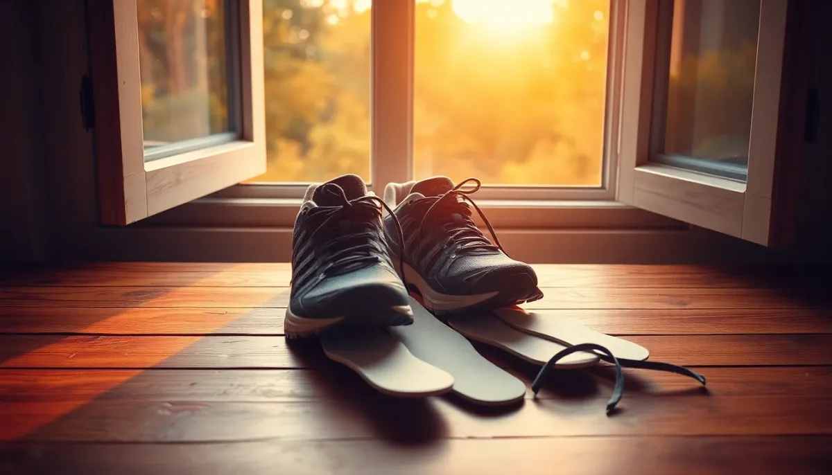 Chaussures de trail propres en train de sécher à l'air libre près d'une fenêtre, bourrées de papier absorbant