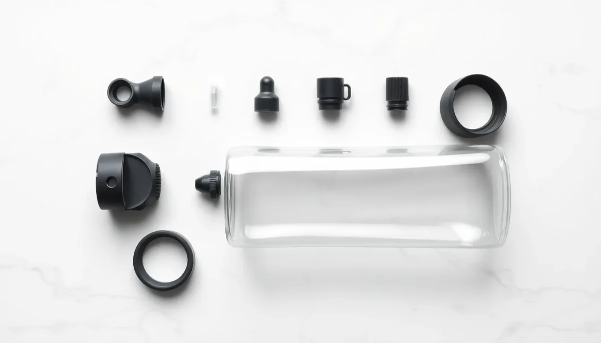 Flasque de trail entièrement démontée vue de dessus, avec bouchon, pipette et valve en silicone séparés sur fond blanc