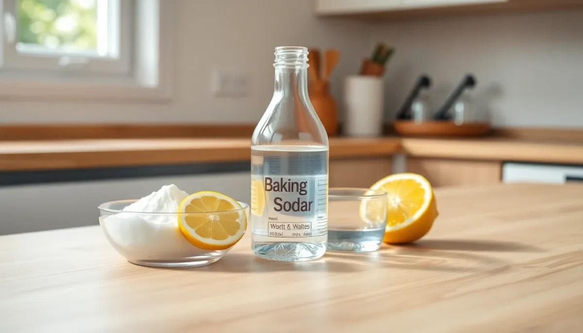 Ingrédients naturels pour nettoyer une flasque de trail : bicarbonate de soude, vinaigre blanc et citron posés sur un plan de travail en bois