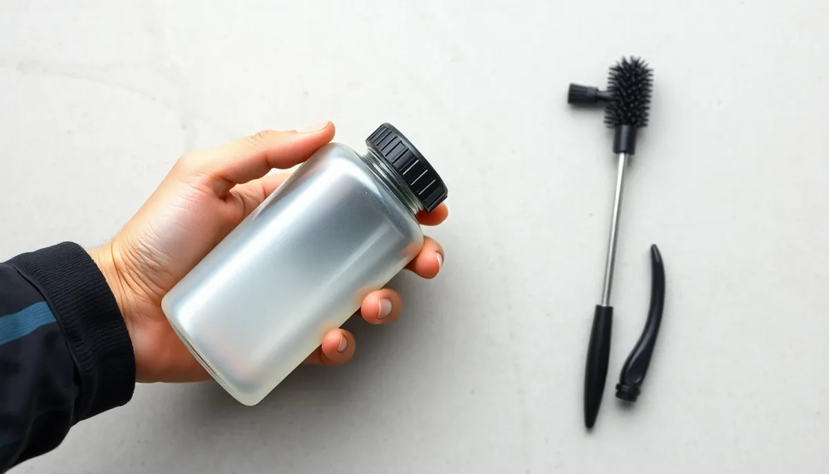Main tenant une flasque de trail propre à côté d'une brosse de nettoyage spéciale sur fond gris clair