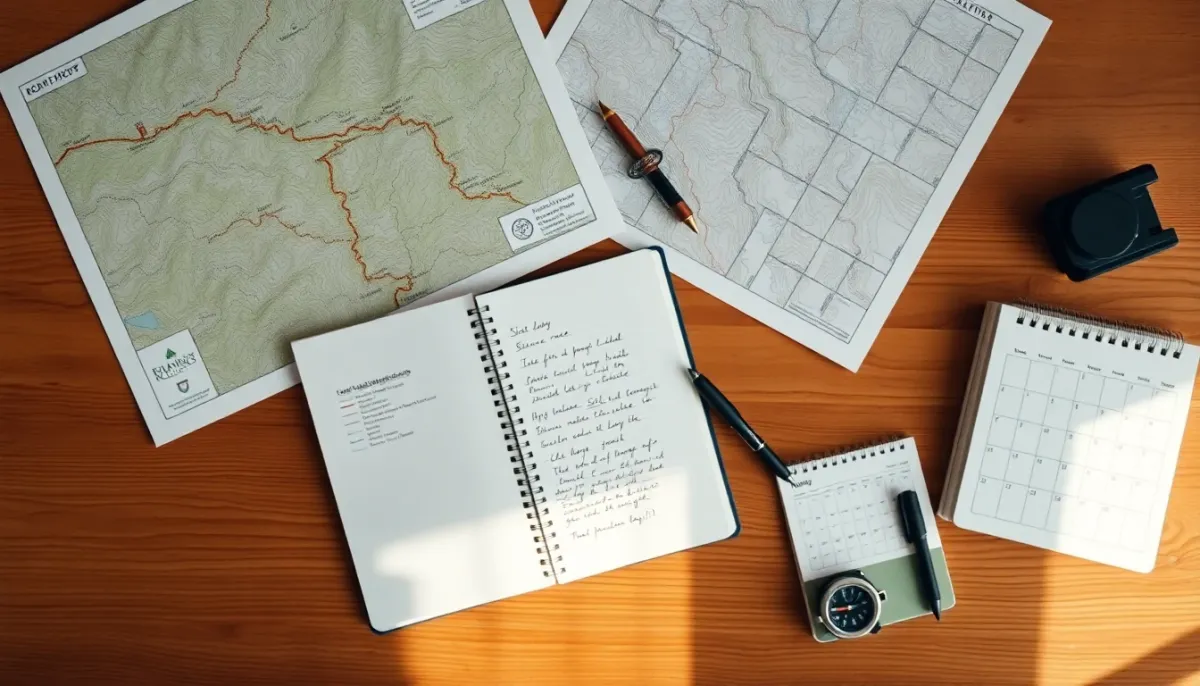 Vue de dessus d'une table de travail avec cartes topographiques et documents de planification d'un trail