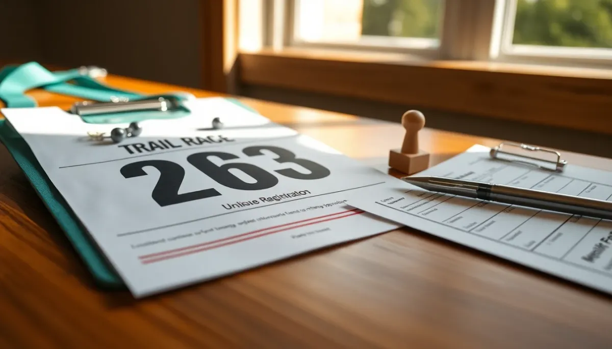 Dossard de trail et documents d'inscription posés sur une table en bois